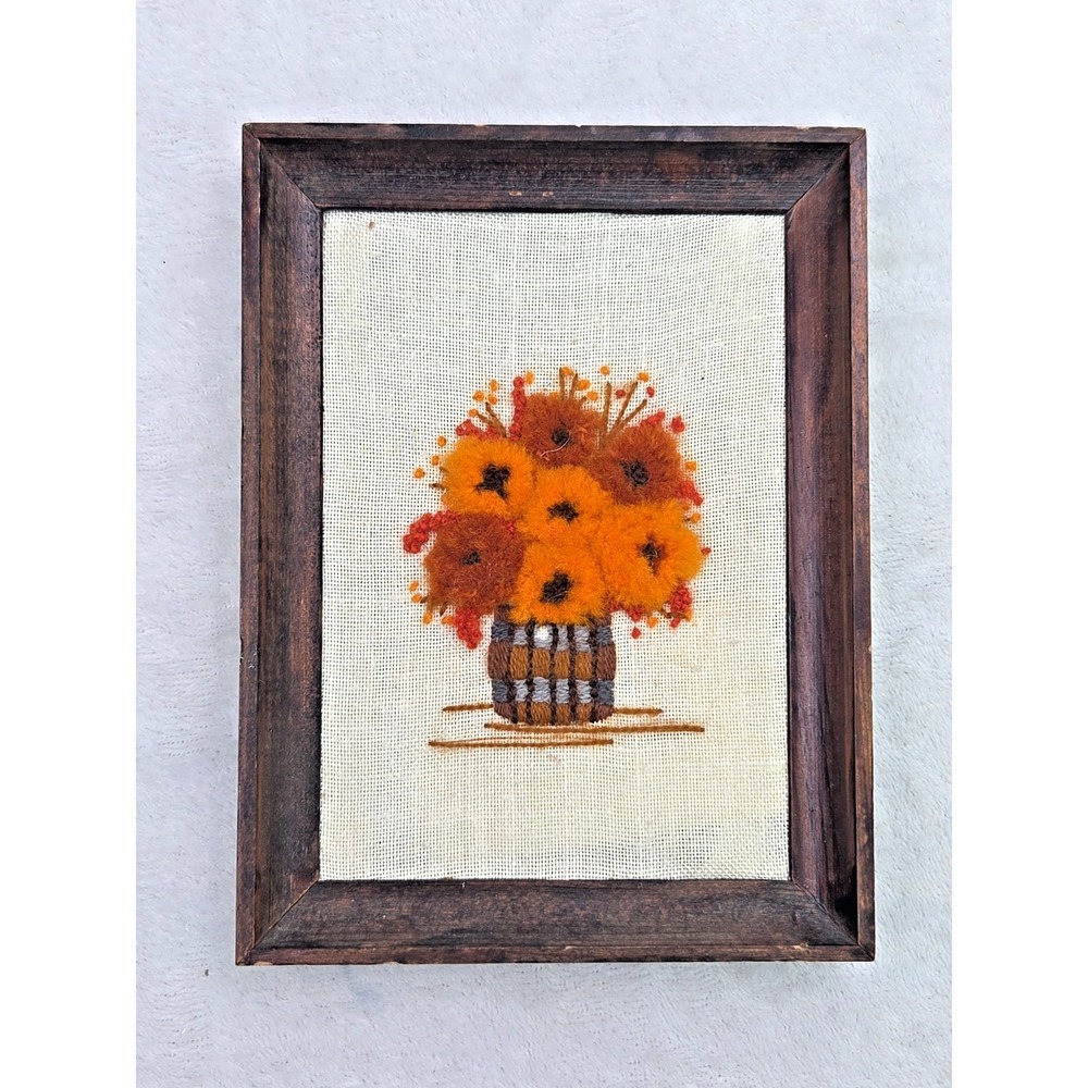 Vintage 70s Crewel Embroidered 3D Flowers Rust Orange Fluffy Framed Handmade